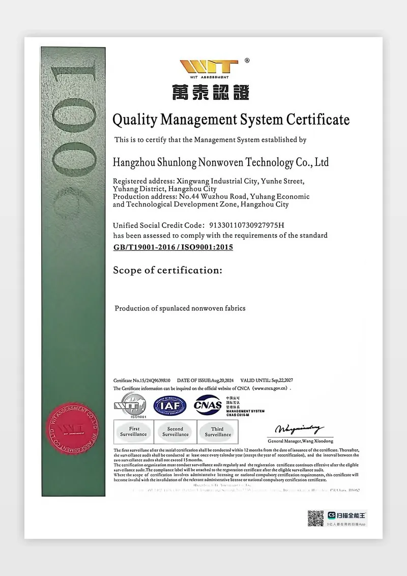 ISO 9001:2015 Quality Management System Certificate - Hangzhou Shunlong Nonwoven Technology
