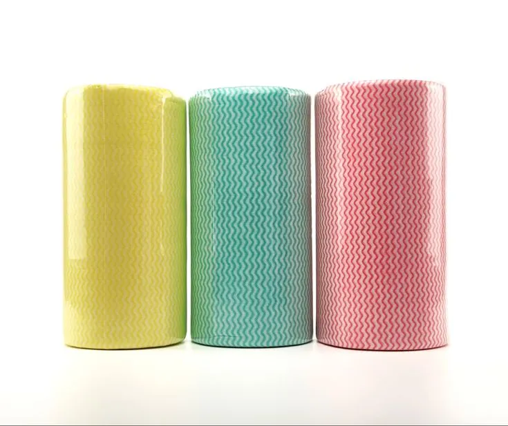 Rolled spunlace nonwoven fabric in yellow, green and pink